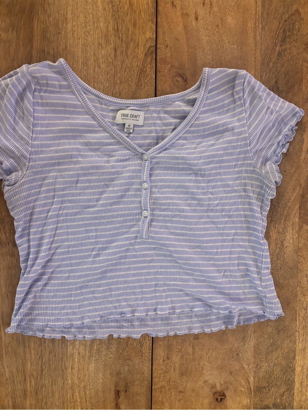 True Craft Lilac and White Striped Ribbed Henley Crop Top